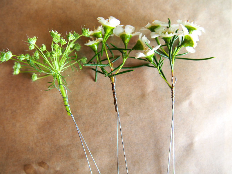 ワイヤーを茎にあてヘアピン状にし片方を茎に2～3回巻きつけます。