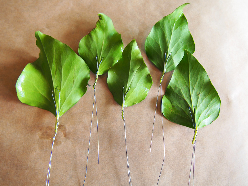 ワイヤーを葉の裏側に一針通して折り曲げ、片方を茎に2～3回巻きつけます。